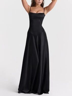 Sleek Black Satin Spaghetti-Strap Evening Gown